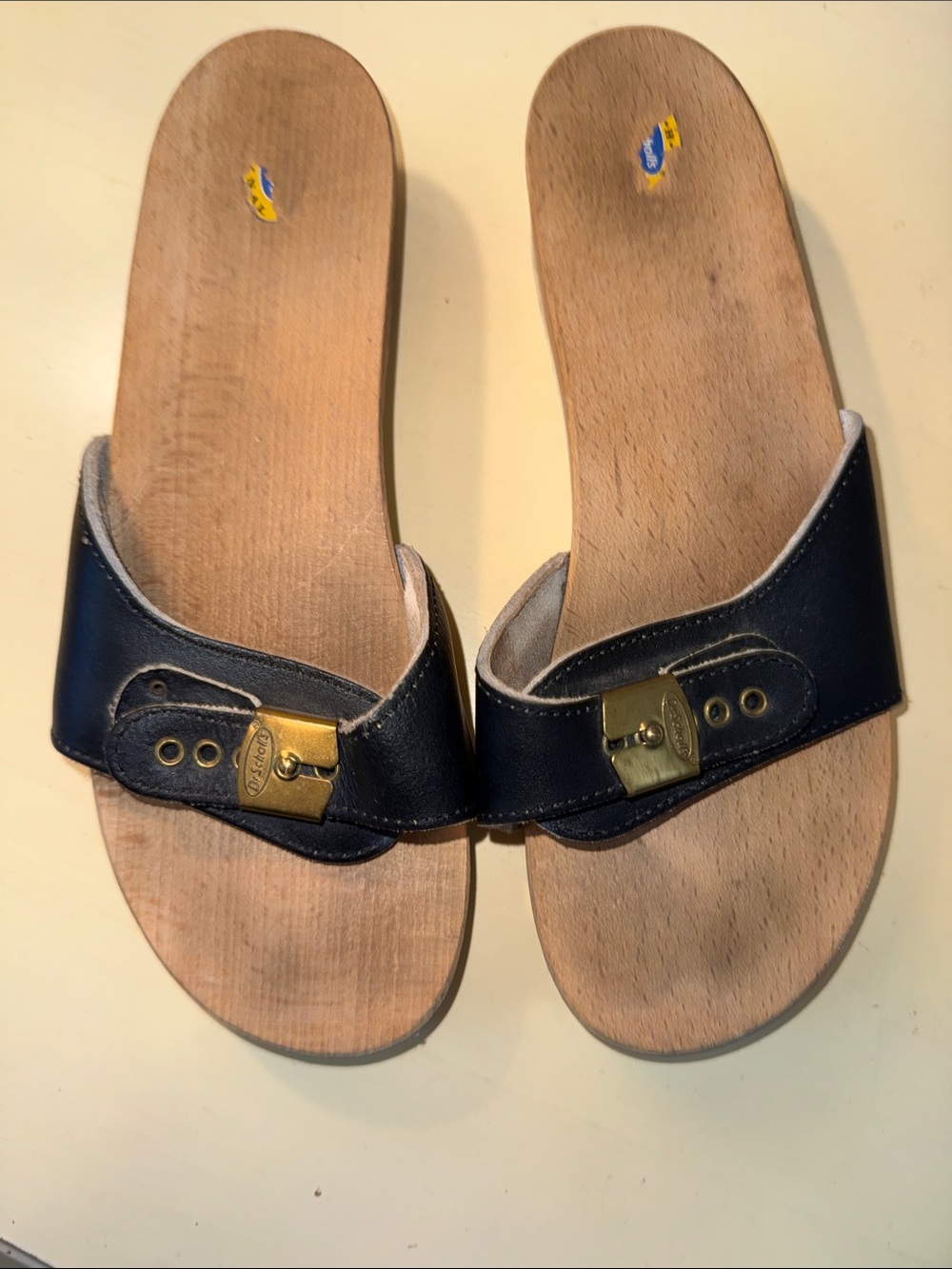 Vintage Dr. Scholl’s Made in Italy Navy Leather Wood Sandals